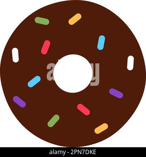 Flat chocolate glazed donut isolated on white background with colorful sprinkles. Tasty baked unhealthy dessert closeup object. Brown doughnut with fr Stock Vector