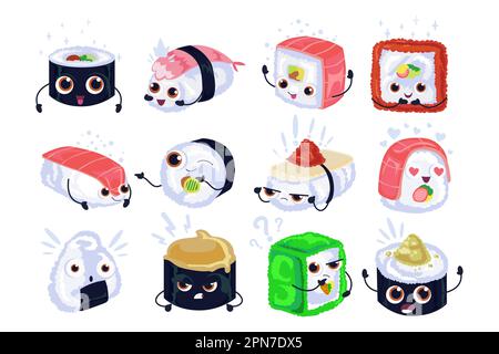 Cute sushi and rolls with smiling face vector illustration set Stock Vector