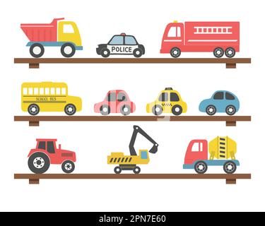 Toys on the shelves. There are different toy cars: firefighters car, truck, police car, taxi, bus, excavator, concrete mixer truck, tractor. Toys for Stock Vector