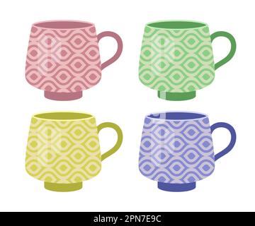 Colorful teacups with print or pattern vector illustrations set Stock Vector