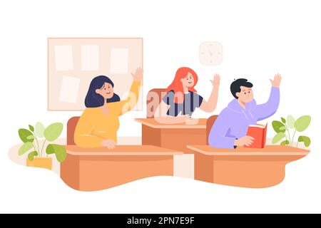 Students sitting at desks and raising hands in class Stock Vector