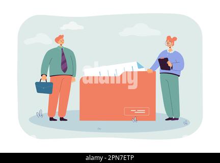 Tiny office workers and huge folder with documents Stock Vector