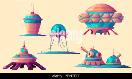 Space colonization set. Spaceship, rocket, shuttle and buildings for universe and alien planet exploration, cosmic base elements of settlement isolated on yellow background cartoon vector illustration Stock Vector