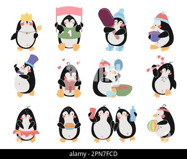 Cute happy penguins vector illustration set Stock Vector