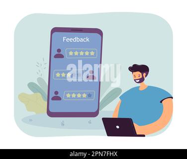Customer using mobile app in phone to check online review Stock Vector