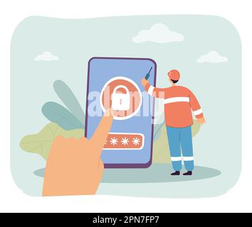 Users finger touching padlock on phone screen Stock Vector