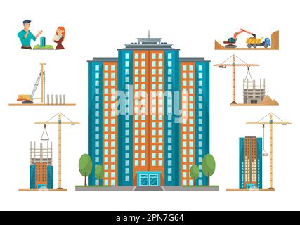 Stages of skyscraper building set Stock Vector