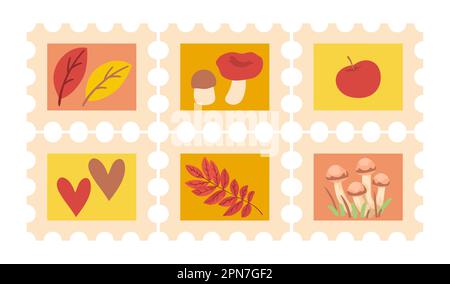 Autumn postage stamps for letters vector illustrations set Stock Vector