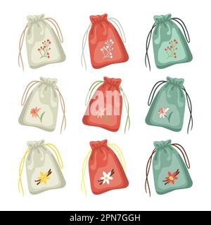 Small fabric bags with laces set Stock Vector