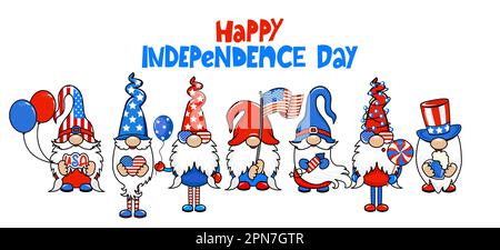 Happy 4th of July - Cute gnomes in 4th of July costume. Set of funny scandinavian elves with firework, balloons and flag. Happy 4th of july. Vector il Stock Vector