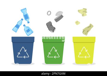 Recycle bins with sorted trash vector illustrations set Stock Vector