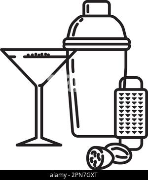 Cocktail vector illustration with shaker, nutmeg and grater for Brandy Alexnder Day on January 31 Stock Vector