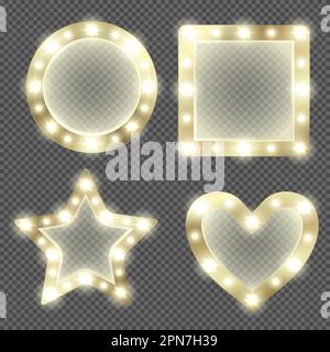 Makeup mirror in gold frame with light bulbs. Vector realistic round, square, heart and star shape mirrors for theater actors or fashion model dressing room isolated on transparent background Stock Vector