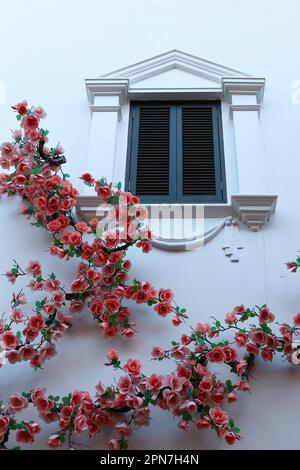 close up of assortment of pink and purple flowers on the facade of building with blue window Stock Photo