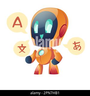 Robot translator of foreign language isolated on white background. Ai chatbot online support for translation document and reading books. Artificial intelligence technology Cartoon vector illustration Stock Vector