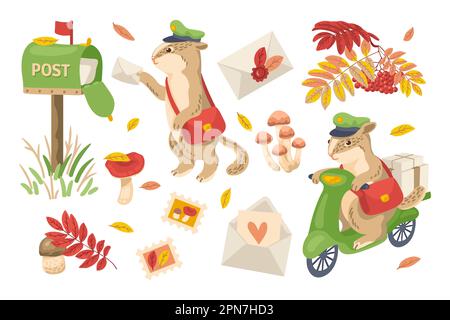 Happy comic wild animal as mailman vector illustrations set Stock Vector