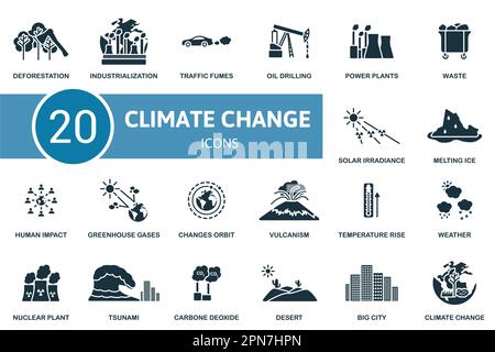 Climate change set. Creative icons: deforestation, industrialization, traffic fumes, oil drilling, power plants, waste, solar irradiance, melting ice Stock Vector