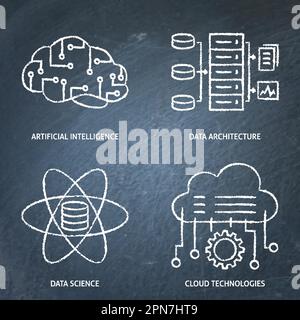 Data science and artificial intelligence chalkboard icon set. Vector illustration. Stock Vector