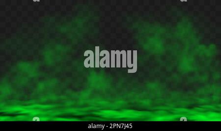 Green smog or fog clouds spreads on ground. Stink bad smell, smoke or poison gases. Vector realistic chemical toxic vapour soaring in air isolated on transparent background Stock Vector