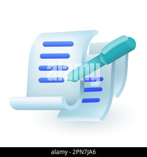 Pen and sheets of paper documents with writing text 3D icon Stock Vector