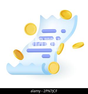 Isometric paper scroll with gold coins 3D icon Stock Vector