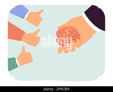 Hands giving money coins and showing thumbs up Stock Vector