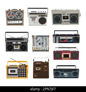Various vintage tape recorders cartoon illustration set Stock Vector