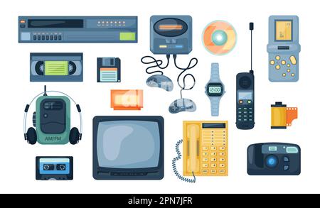 Different vintage electronics flat vector illustrations set Stock Vector