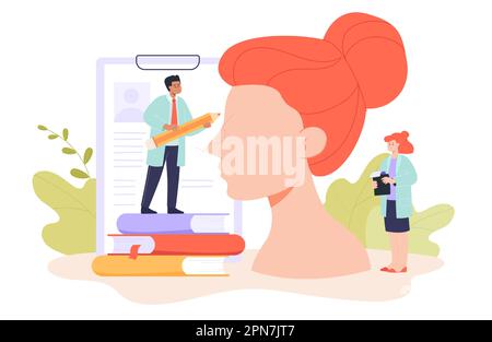 Tiny plastic surgeon next to huge head of woman Stock Vector