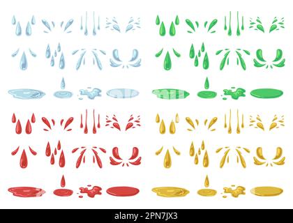 Falling liquid drops, splashes and puddles set Stock Vector