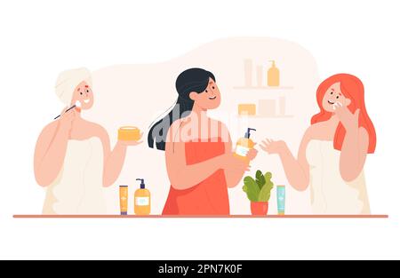 Care Routine Cartoon Cartoon girls doing skincare routine vector illustrations set Stock ...