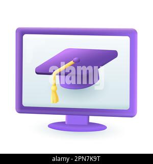 Purple graduation cap with tassel on computer monitor 3D icon Stock Vector