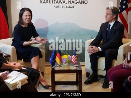 Karuizawa, Japan. 17th Apr, 2023. U.S. Secretary of State Antony J. Blinken with German Foreign Minister Annalena Baerbock during the meeting of G7 foreign ministers in Japan. Credit: Soeren Stache/dpa/Alamy Live News Stock Photo