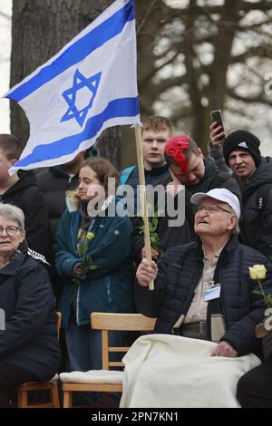 Nordhausen, Germany. 17th Apr, 2023. Itzhak Dove, concentration camp survivor, takes part in the commemoration ceremony of the 78th day of liberation of Mittelbau-Dora concentration camp. US troops had reached the camp on 11. April 1945. Since the date this year coincided with the Jewish Passover, the commemoration will be held a little later this year. held a little later. Credit: Matthias Bein/dpa/Alamy Live News Stock Photo