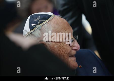 Nordhausen, Germany. 17th Apr, 2023. Survivor Jerry Wartski takes part in a commemoration ceremony for the 78th day of the liberation of Mittelbau-Dora concentration camp. US troops had reached the camp on April 11, 1945. Since the date this year coincided with the Jewish Passover holiday, this year's commemoration will be held a little later. Credit: Matthias Bein/dpa/Alamy Live News Stock Photo