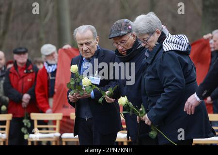 Nordhausen, Germany. 17th Apr, 2023. Survivors Jerry Wartski (m) and Albrecht Weinberg (l) take part in a commemoration ceremony for the 78th day of the liberation of Mittelbau-Dora concentration camp. U.S. troops had reached the camp on April 11, 1945. Since the date this year coincided with the Jewish Passover holiday, the commemoration will be held held a little later. Credit: Matthias Bein/dpa/Alamy Live News Stock Photo