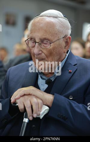 Nordhausen, Germany. 17th Apr, 2023. Jerry Wartski, concentration camp survivor takes part in the commemoration ceremony of the 78th day of liberation of Mittelbau-Dora concentration camp. US troops had reached the camp on 11. April 1945. Since the date this year coincided with the Jewish Passover, the commemoration will be held a little later this year. held a little later. Credit: Matthias Bein/dpa/Alamy Live News Stock Photo