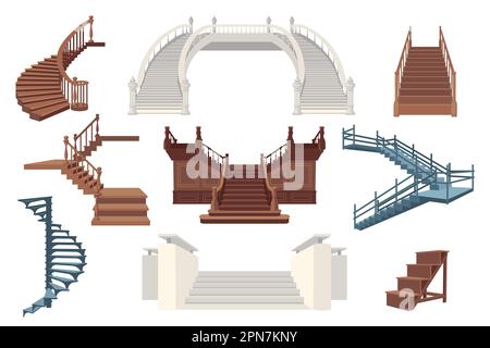 Front and side view of staircases flat vector illustrations set Stock Vector