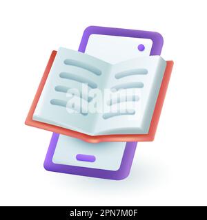 Open paper book on screen of mobile phone 3D icon Stock Vector