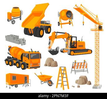 Construction vehicles and site objects vector illustrations set Stock Vector
