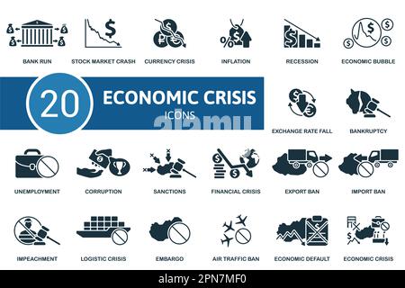 Economic crisis set. Creative icons: bank run, stock market crash, currency crisis, inflation, recession, economic bubble, exchange rate fall Stock Vector