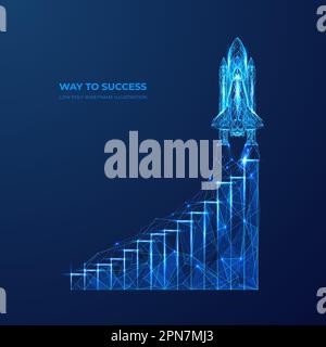Business success strategy. Low poly wireframe spaceship launch Stock Vector