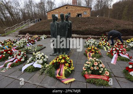 Nordhausen, Germany. 17th Apr, 2023. Wreaths lie at the commemoration of the 78th day of liberation of Mittelbau-Dora concentration camp. US troops had reached the camp on 11. April 1945. Since the date this year coincided with the Jewish Passover, the commemoration will be held a little later this year. held a little later. Credit: Matthias Bein/dpa/Alamy Live News Stock Photo