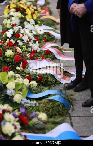 Nordhausen, Germany. 17th Apr, 2023. Wreaths lie at the commemoration of the 78th day of liberation of Mittelbau-Dora concentration camp. US troops had reached the camp on 11. April 1945. Since the date this year coincided with the Jewish Passover, the commemoration will be held a little later this year. held a little later. Credit: Matthias Bein/dpa/Alamy Live News Stock Photo