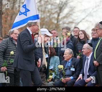 Nordhausen, Germany. 17th Apr, 2023. Memorial director Karsten Uhl (front, l) walks next to survivor Itzhak Dove to the commemoration of the 78th day of liberation of Mittelbau-Dora concentration camp. US troops had reached the camp on 11. April 1945. Since the date this year coincided with the Jewish Passover, the commemoration will be held a little later this year. held a little later. Credit: Matthias Bein/dpa/Alamy Live News Stock Photo