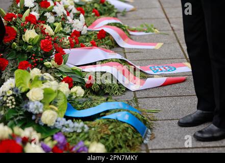 Nordhausen, Germany. 17th Apr, 2023. Wreaths lie at the commemoration of the 78th day of liberation of Mittelbau-Dora concentration camp. US troops had reached the camp on 11. April 1945. Since the date this year coincided with the Jewish Passover, the commemoration will be held a little later this year. held a little later. Credit: Matthias Bein/dpa/Alamy Live News Stock Photo