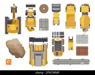 Top view of vehicles for construction vector illustrations set Stock Vector
