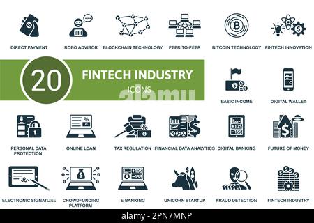 Fintech industry set. Creative icons: direct payment, robo advisor, blockchain technology, peer-to-peer, bitcoin technology, fintech innovation, basic Stock Vector