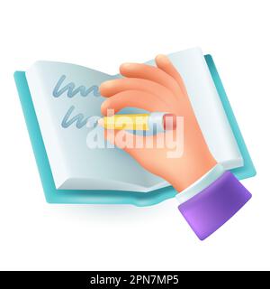 Hand of man writing in paper notebook with green cover 3D icon Stock Vector