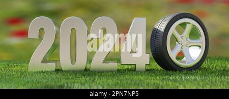 2024 New Year safe drive concept. Rim tire on alloy wheel at the end of white number on green grass field blur background. Banner. 3d render Stock Photo